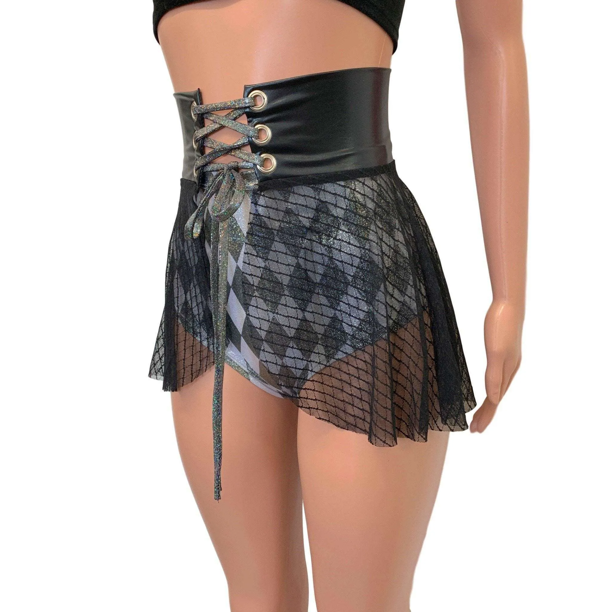 Lace-Up Corset Skirt - Black Vixen Mesh w/ Black Metallic