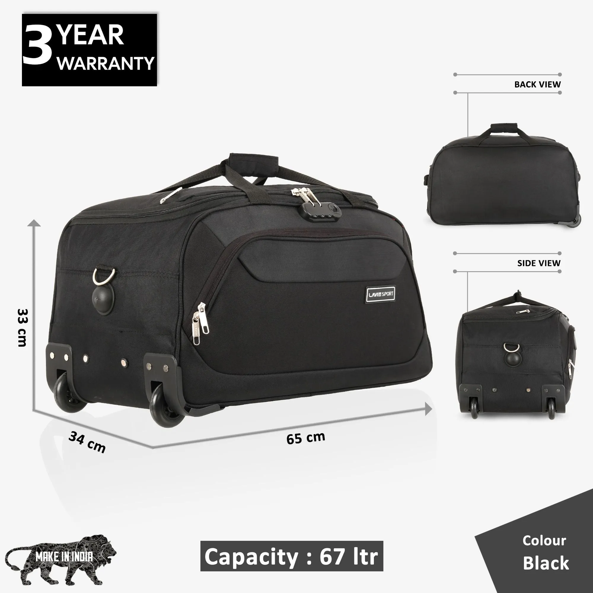Lavie Sport 65 cms Anti-theft Sage Wheel Duffle Bag | Black