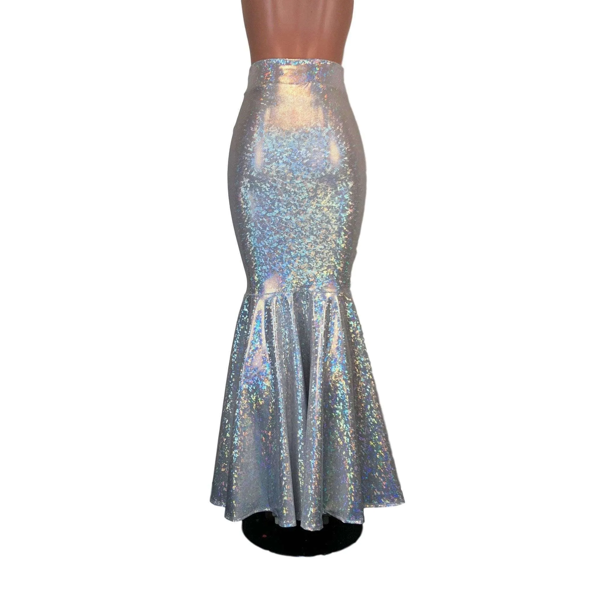 Long Mermaid Skirt - Silver on White Shattered Glass Fit n Flare Maxi Skirt