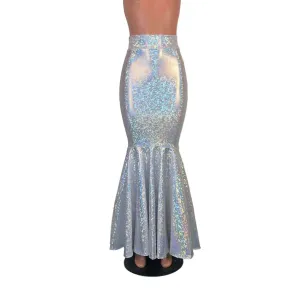 Long Mermaid Skirt - Silver on White Shattered Glass Fit n Flare Maxi Skirt