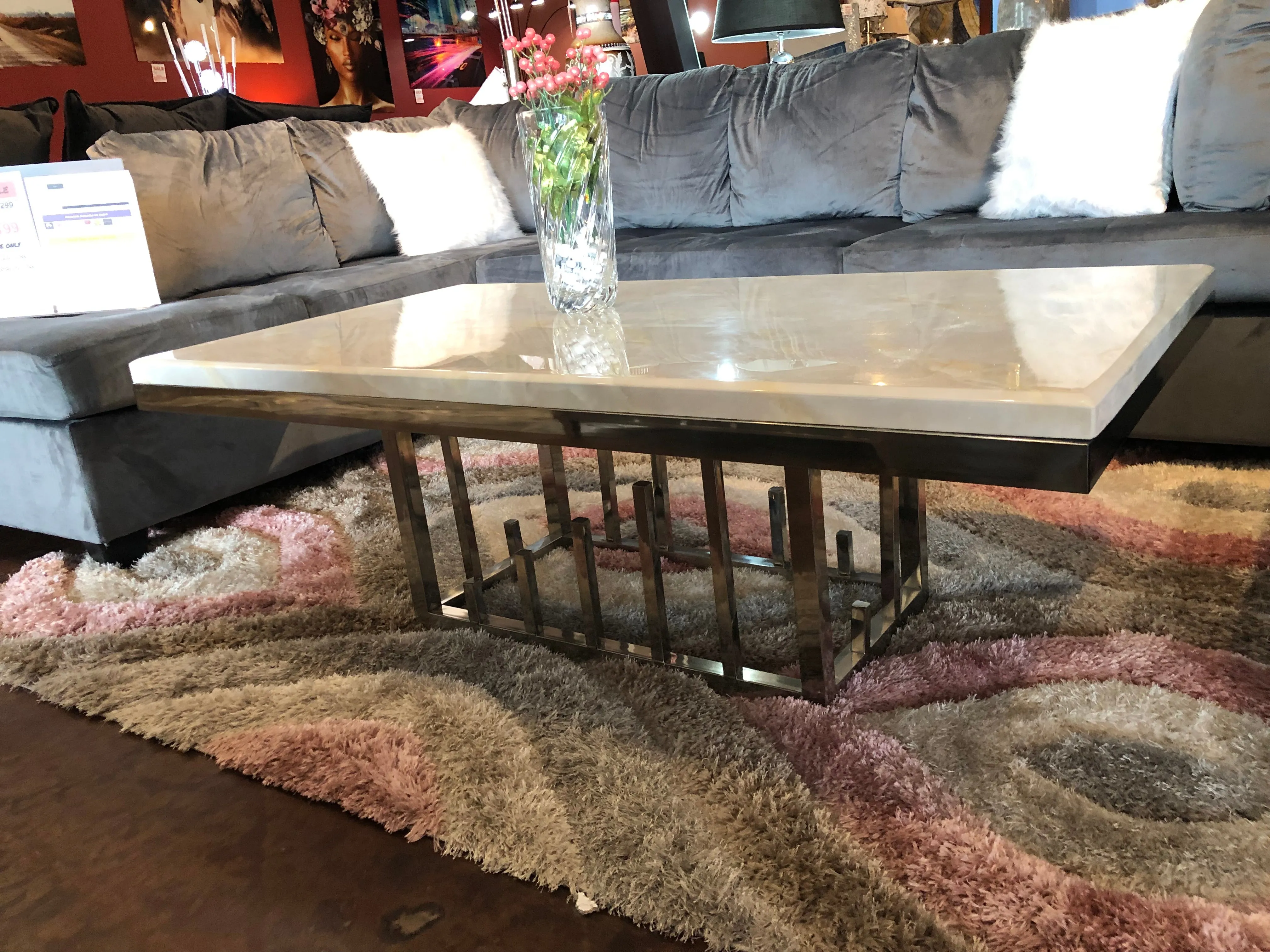 MARBLE TOP CENTER TABLE WITH SILVER BASE LAYER