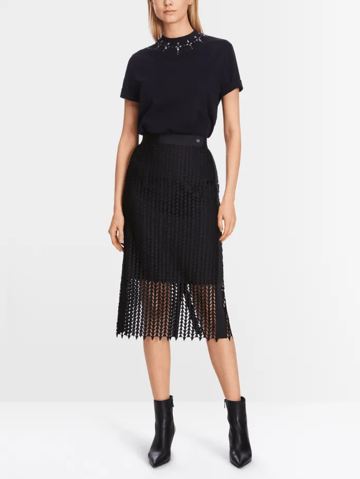 Marc Cain Collections Openwork Midi Skirt In Midnight Blue XC 71.10 W36 COL 395