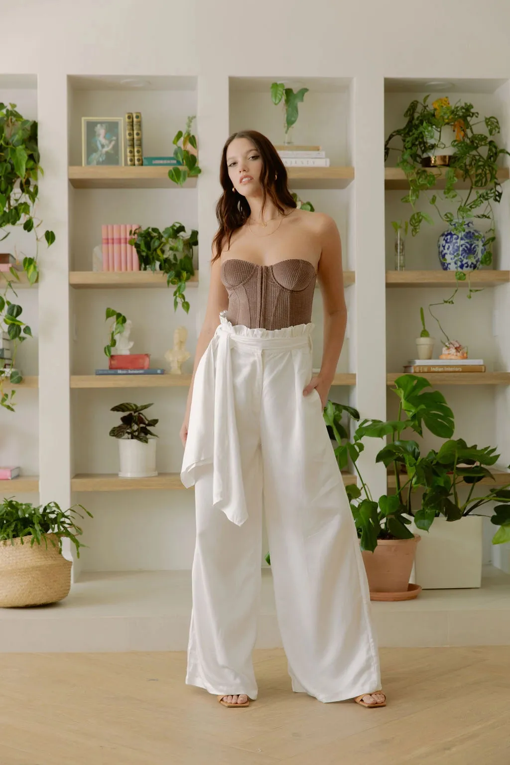 Martha High Waisted Paper Bag Trousers | White
