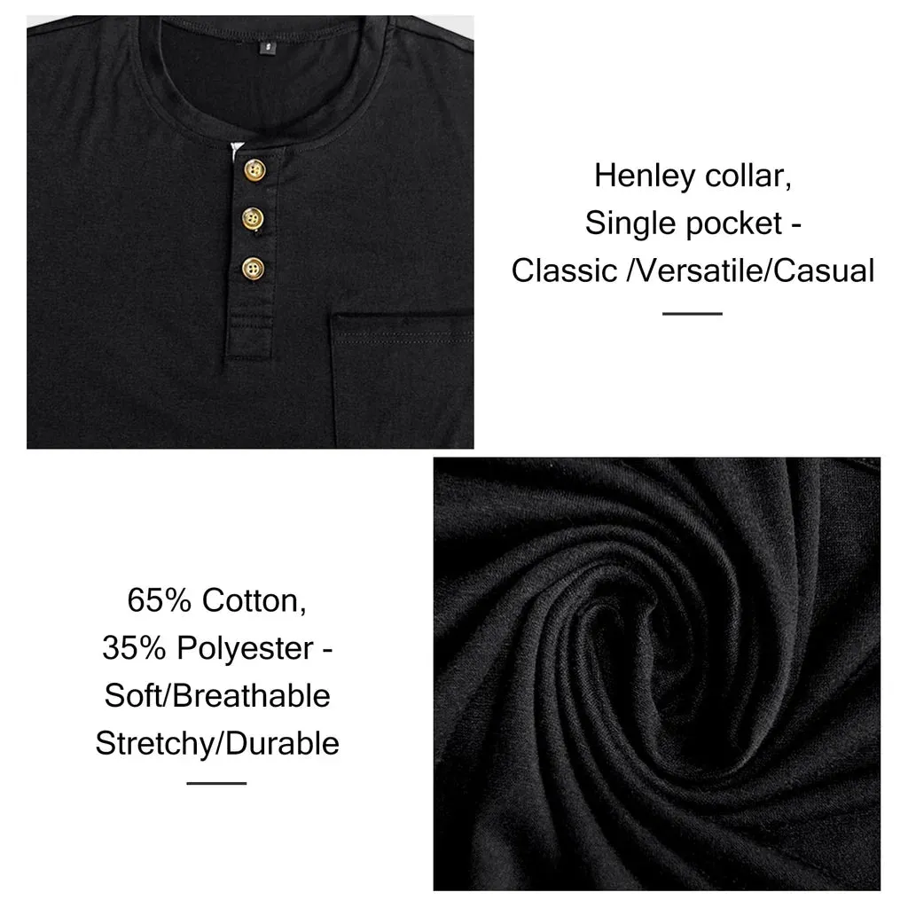 Men Long Sleeve Black T-Shirt, Cotton Casual Henley Shirt- XXL