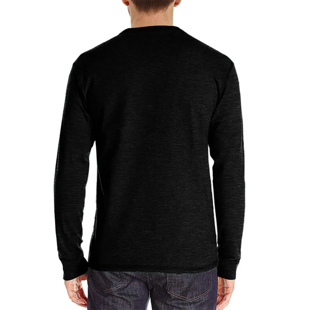 Men Long Sleeve Black T-Shirt, Cotton Casual Henley Shirt- XXL