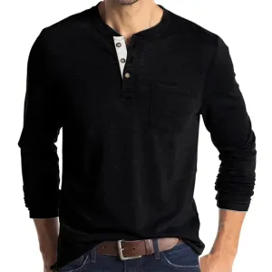 Men Long Sleeve Black T-Shirt, Cotton Casual Henley Shirt- XXL