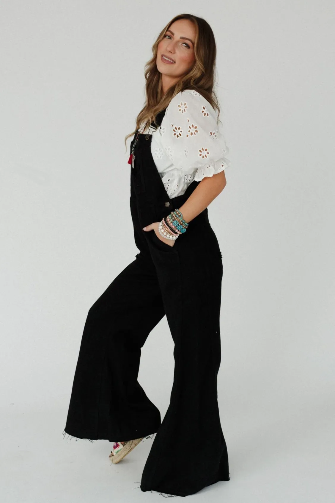 Milly Distressed Hem Wide Leg Overall - Black