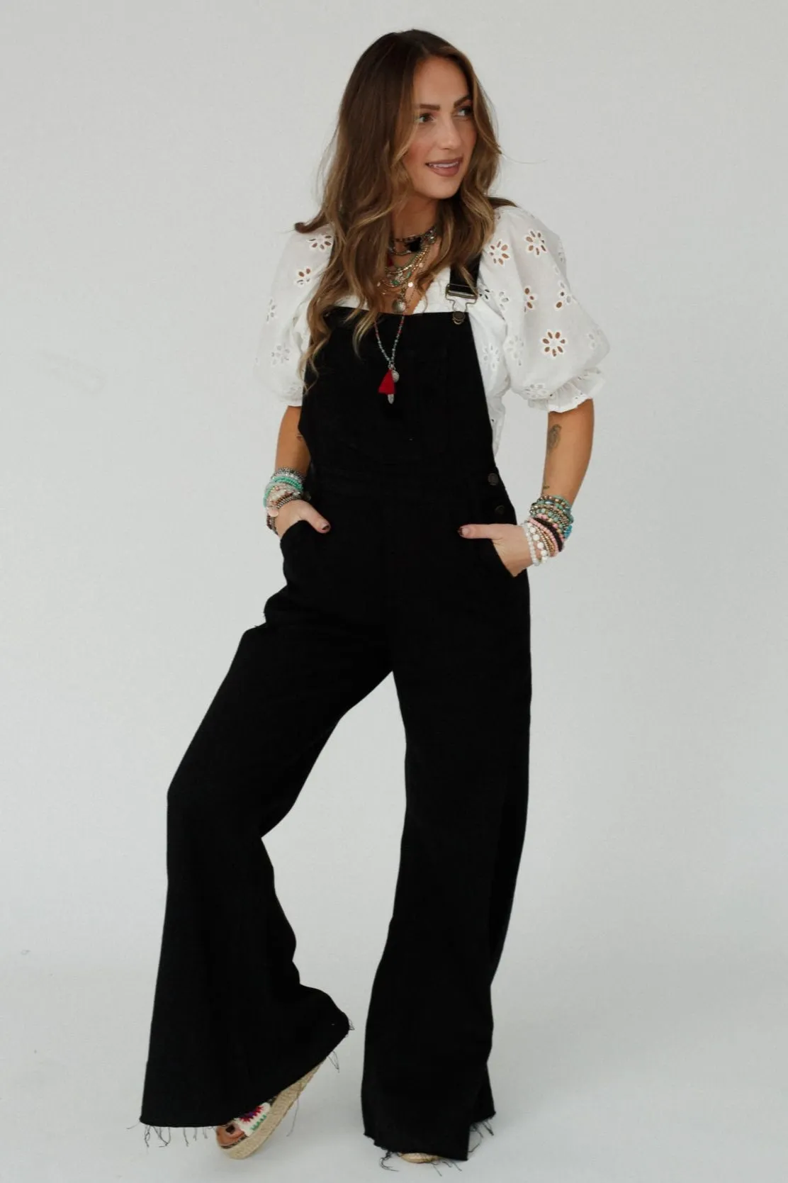 Milly Distressed Hem Wide Leg Overall - Black
