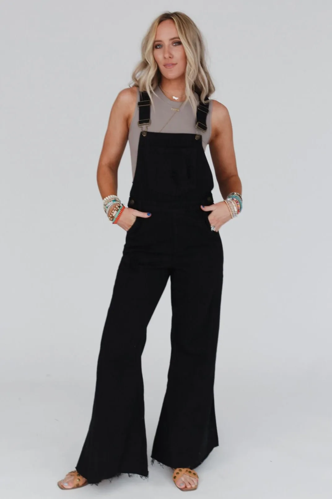 Milly Distressed Hem Wide Leg Overall - Black