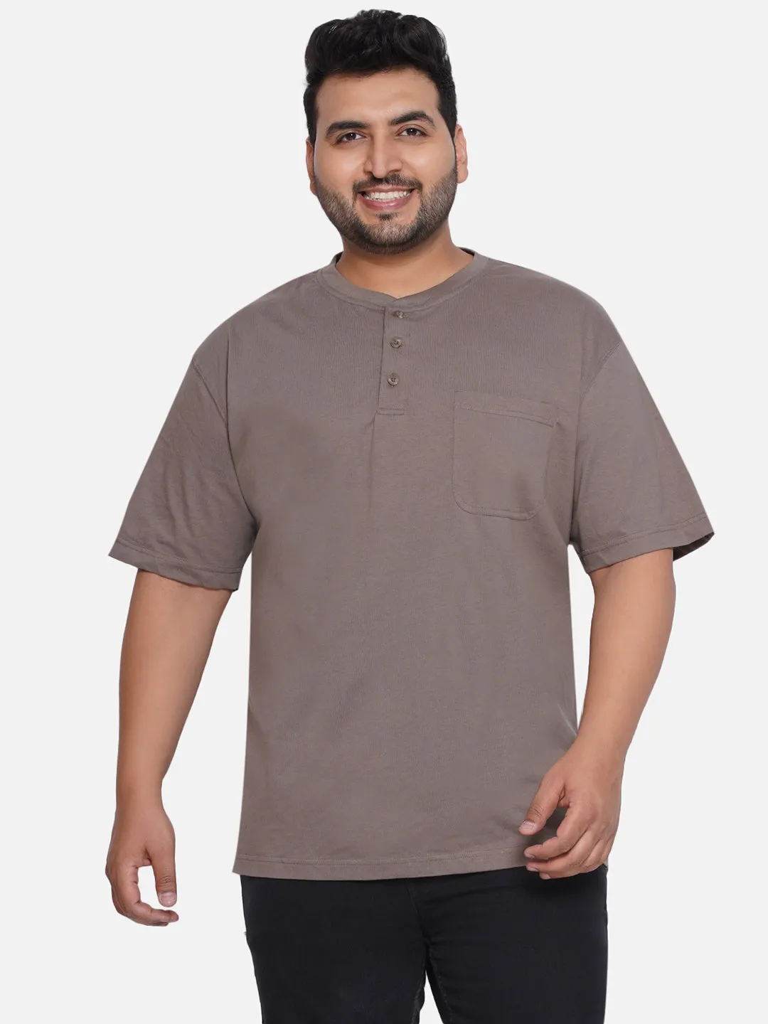 Red Head - Plus Size Men's Regular Fit Pure Cotton Khaki Solid Henley Neck Half Sleeve T-Shirt