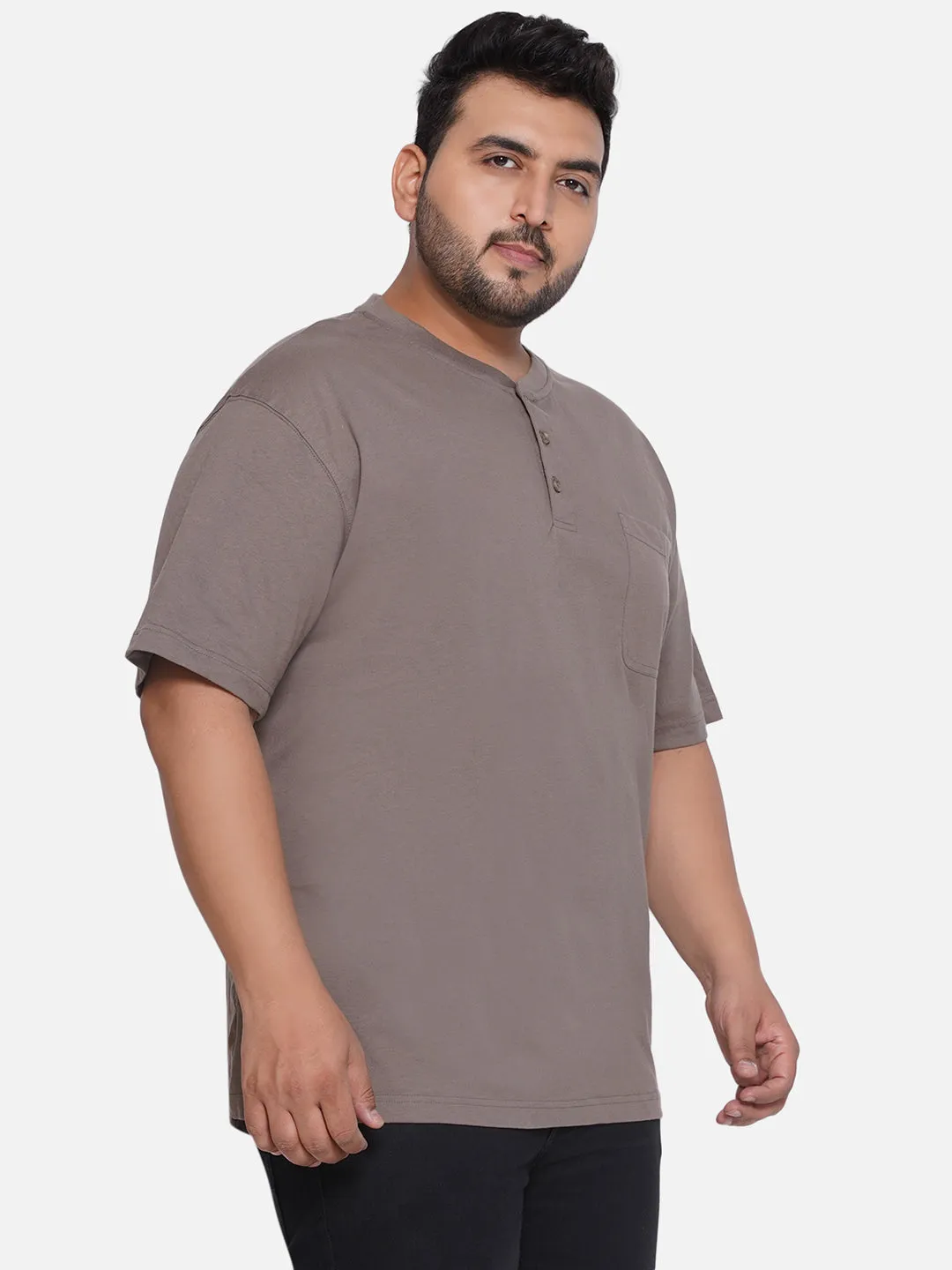 Red Head - Plus Size Men's Regular Fit Pure Cotton Khaki Solid Henley Neck Half Sleeve T-Shirt