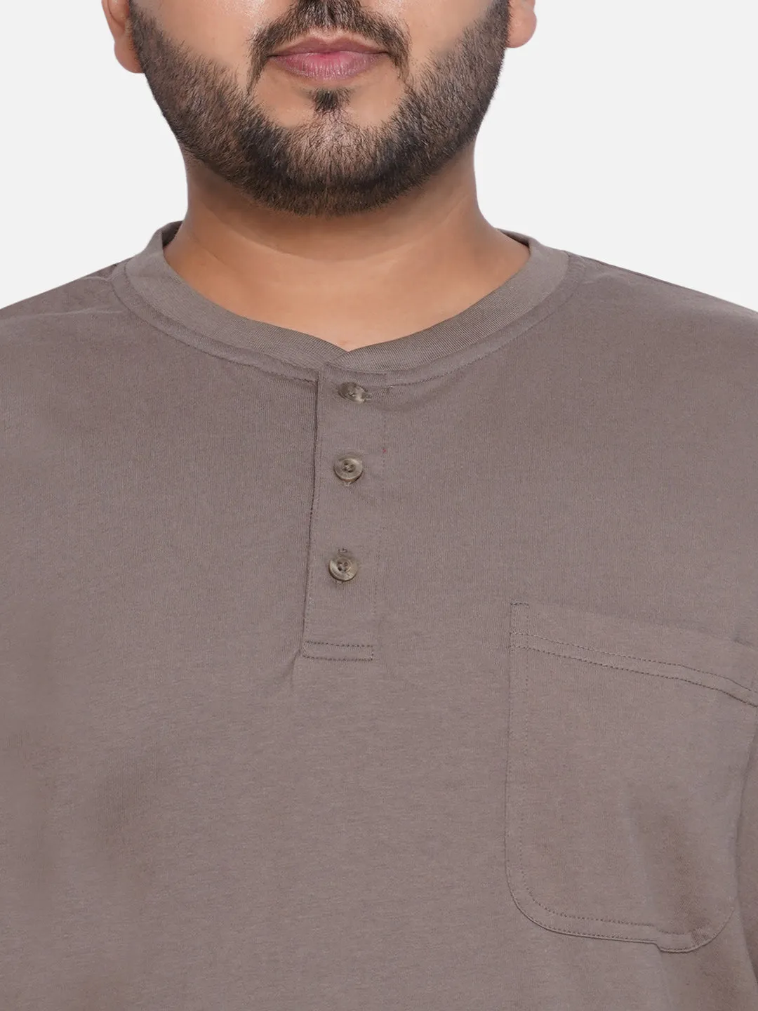 Red Head - Plus Size Men's Regular Fit Pure Cotton Khaki Solid Henley Neck Half Sleeve T-Shirt