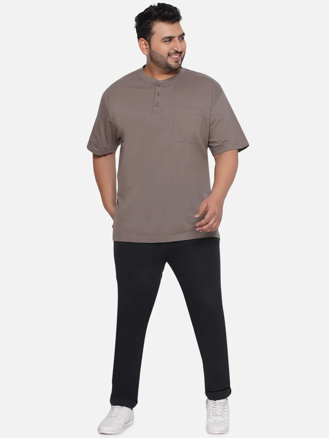 Red Head - Plus Size Men's Regular Fit Pure Cotton Khaki Solid Henley Neck Half Sleeve T-Shirt