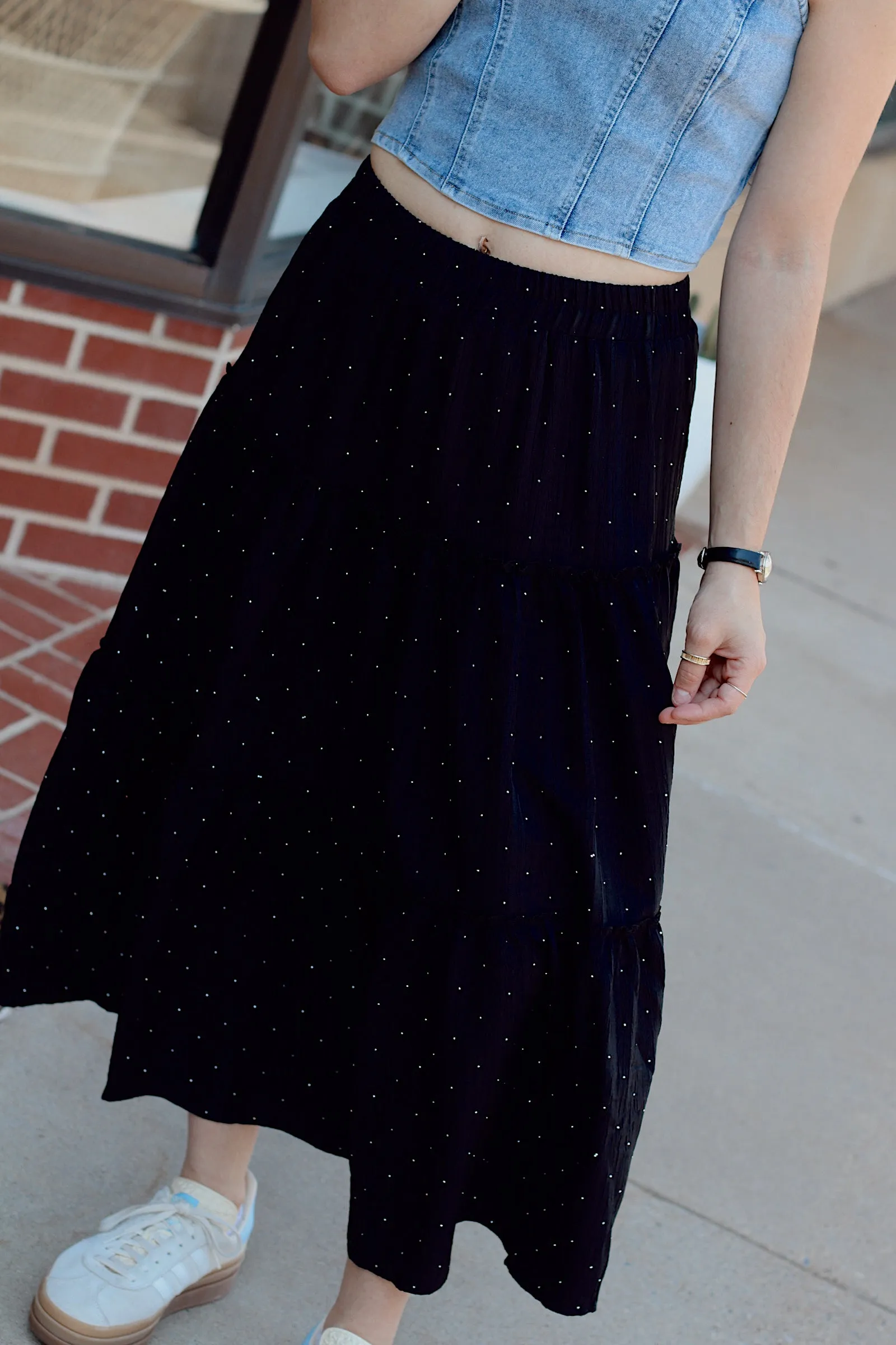 Rhinestone Tiered Skirt   Black
