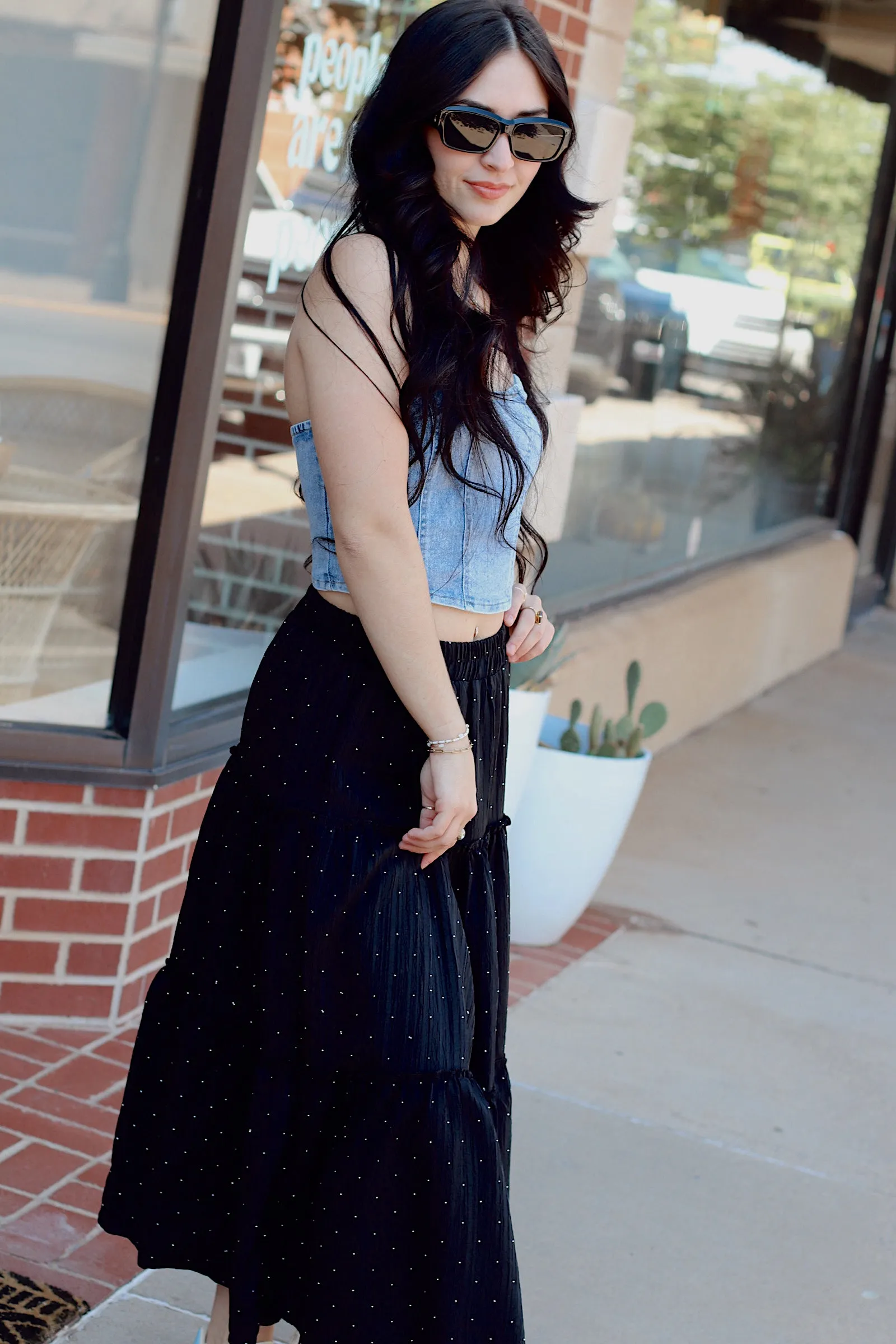 Rhinestone Tiered Skirt   Black