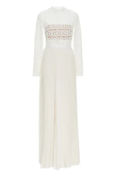 Self-Portrait Pleated Crochet Floral Maxi Dress