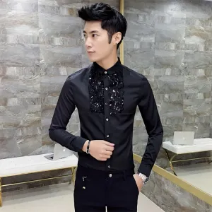 Simple Sequin Detail Chest Men Slim Warm Shirt