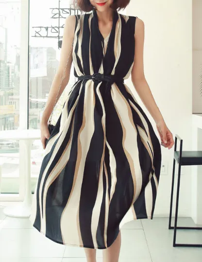 Striped color matching V-neck casual long skirt dress
