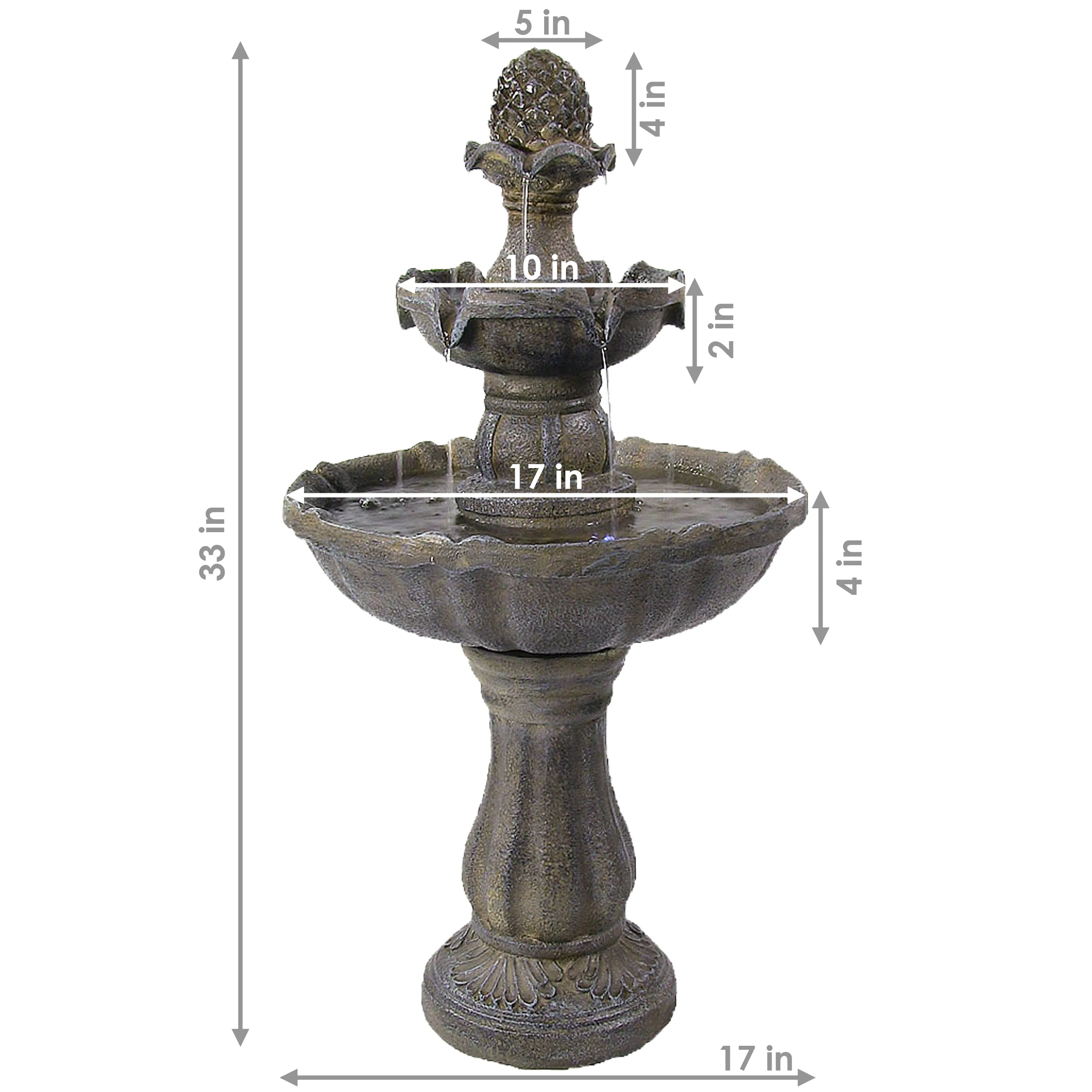 Sunnydaze 2-Tier Pineapple Solar with Battery Backup Fountain - 33"