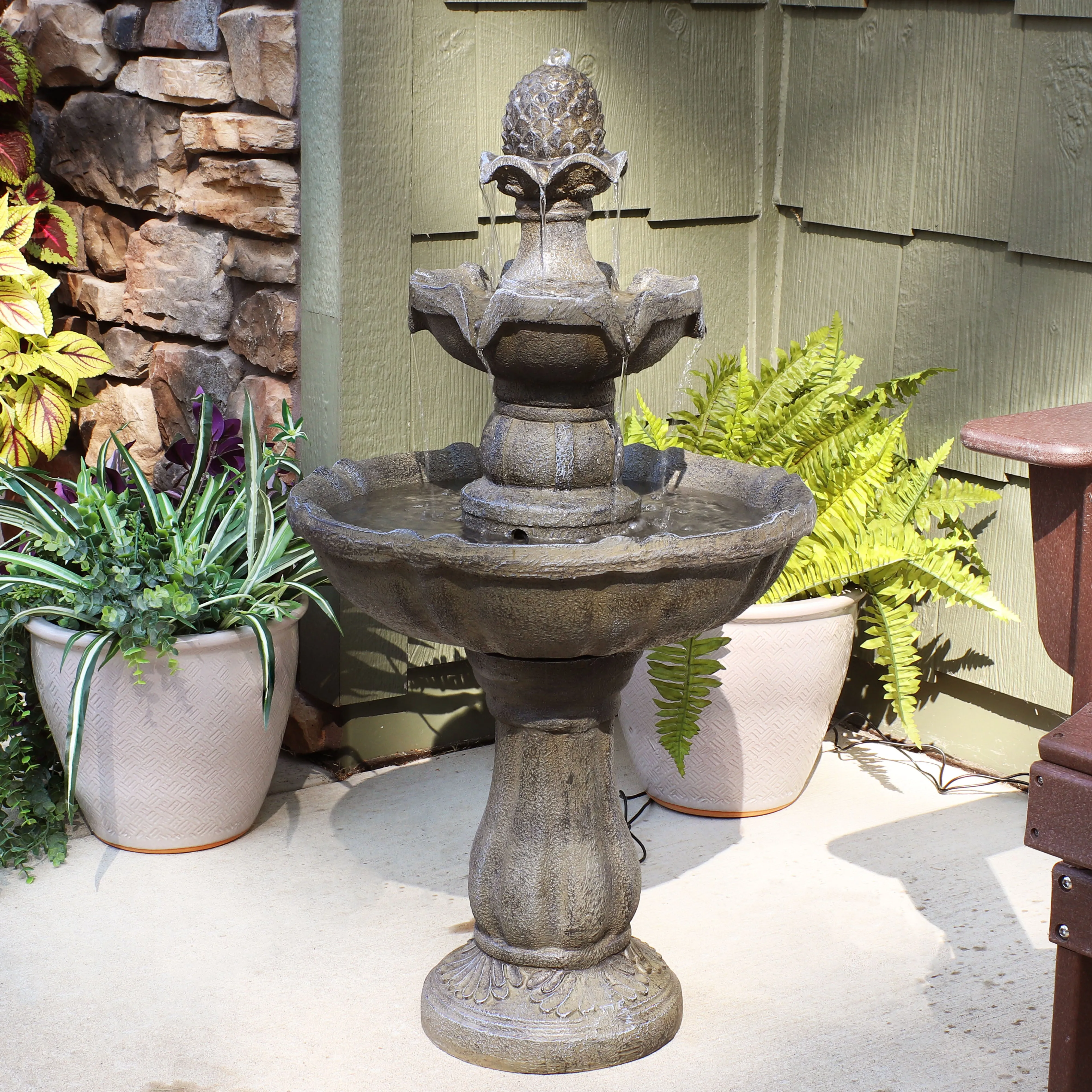 Sunnydaze 2-Tier Pineapple Solar with Battery Backup Fountain - 33"