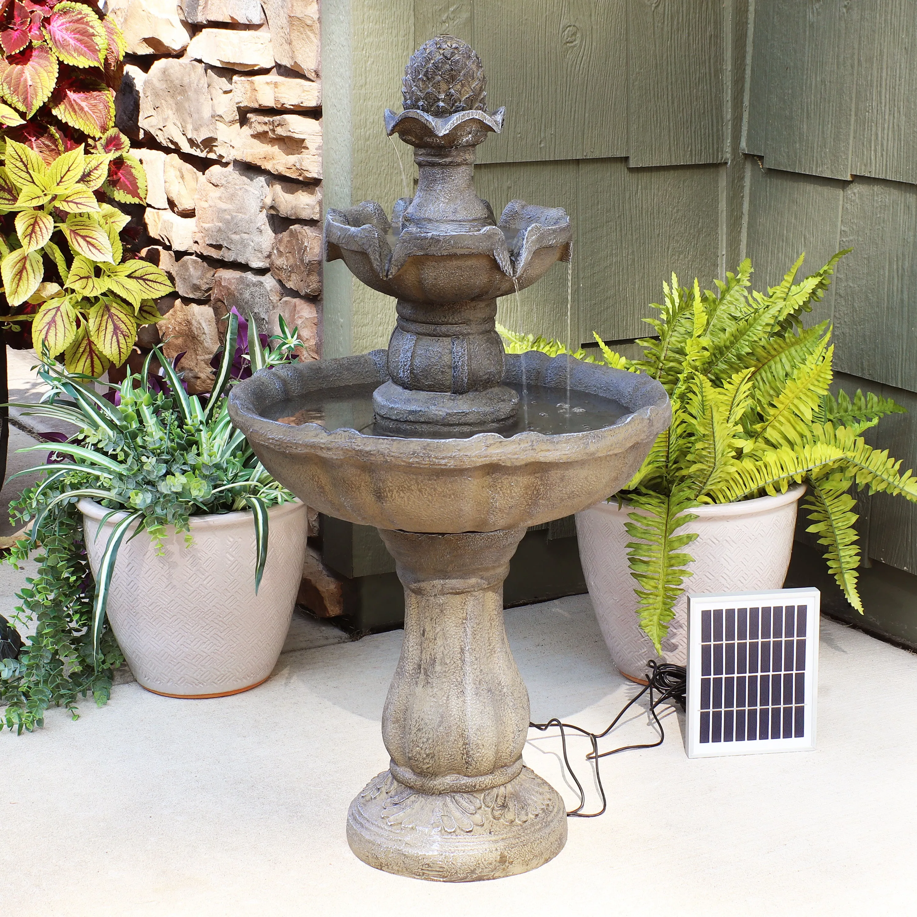 Sunnydaze 2-Tier Pineapple Solar with Battery Backup Fountain - 33"