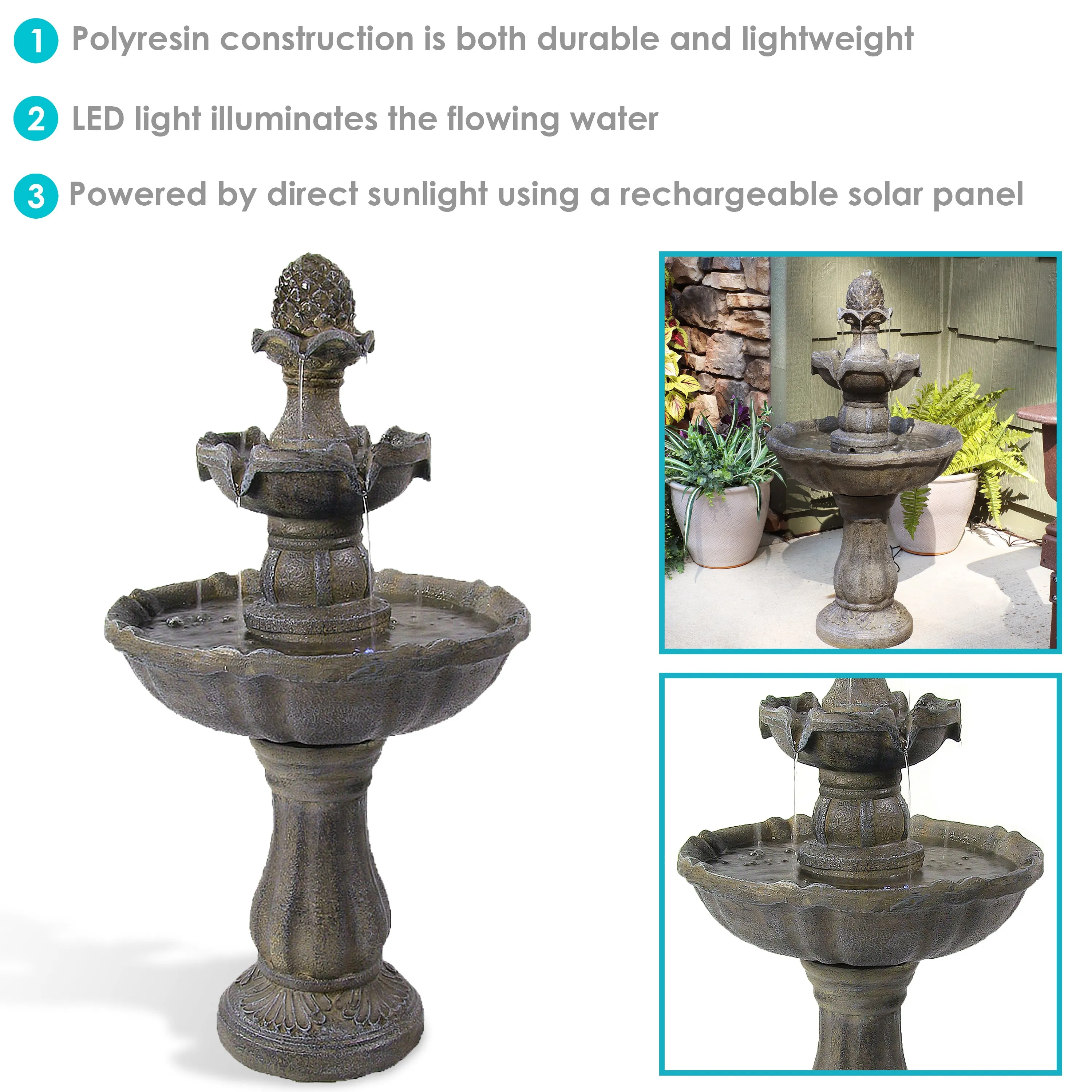 Sunnydaze 2-Tier Pineapple Solar with Battery Backup Fountain - 33"