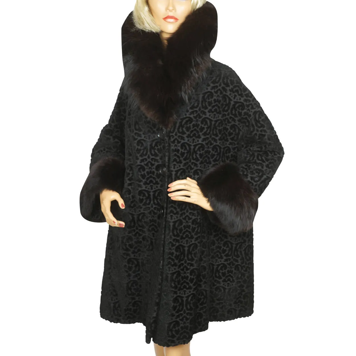 Vintage 1950s Black Velvet Brocade Coat Velourette Ladies L XL