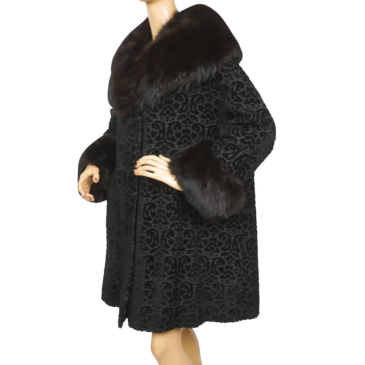 Vintage 1950s Black Velvet Brocade Coat Velourette Ladies L XL