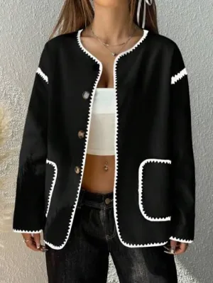 Women Casual Colorblock Trim Dual Pocket Jacket   B195915
