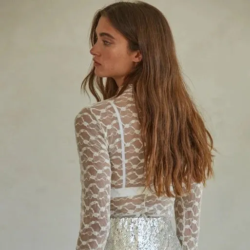 Women's Viola Floral Lace Long Sleeve Mock Neck Shirt in Ivory