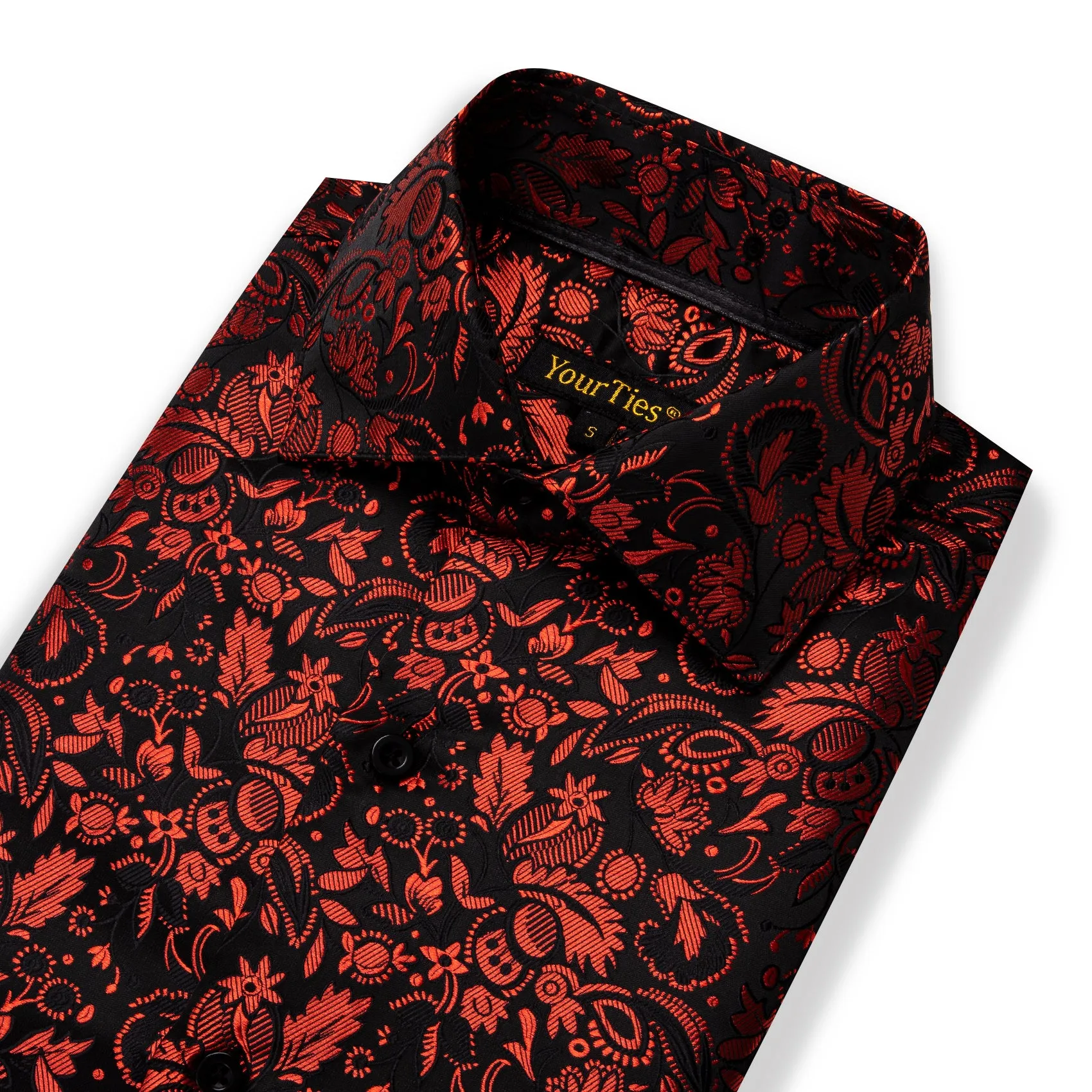YourTies Red Shirt Black Floral Leaf Men's Long Sleeve Dress Shirt