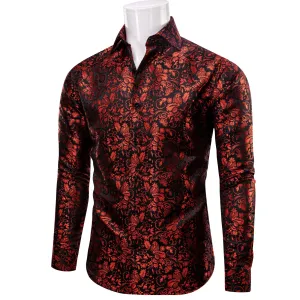 YourTies Red Shirt Black Floral Leaf Men's Long Sleeve Dress Shirt
