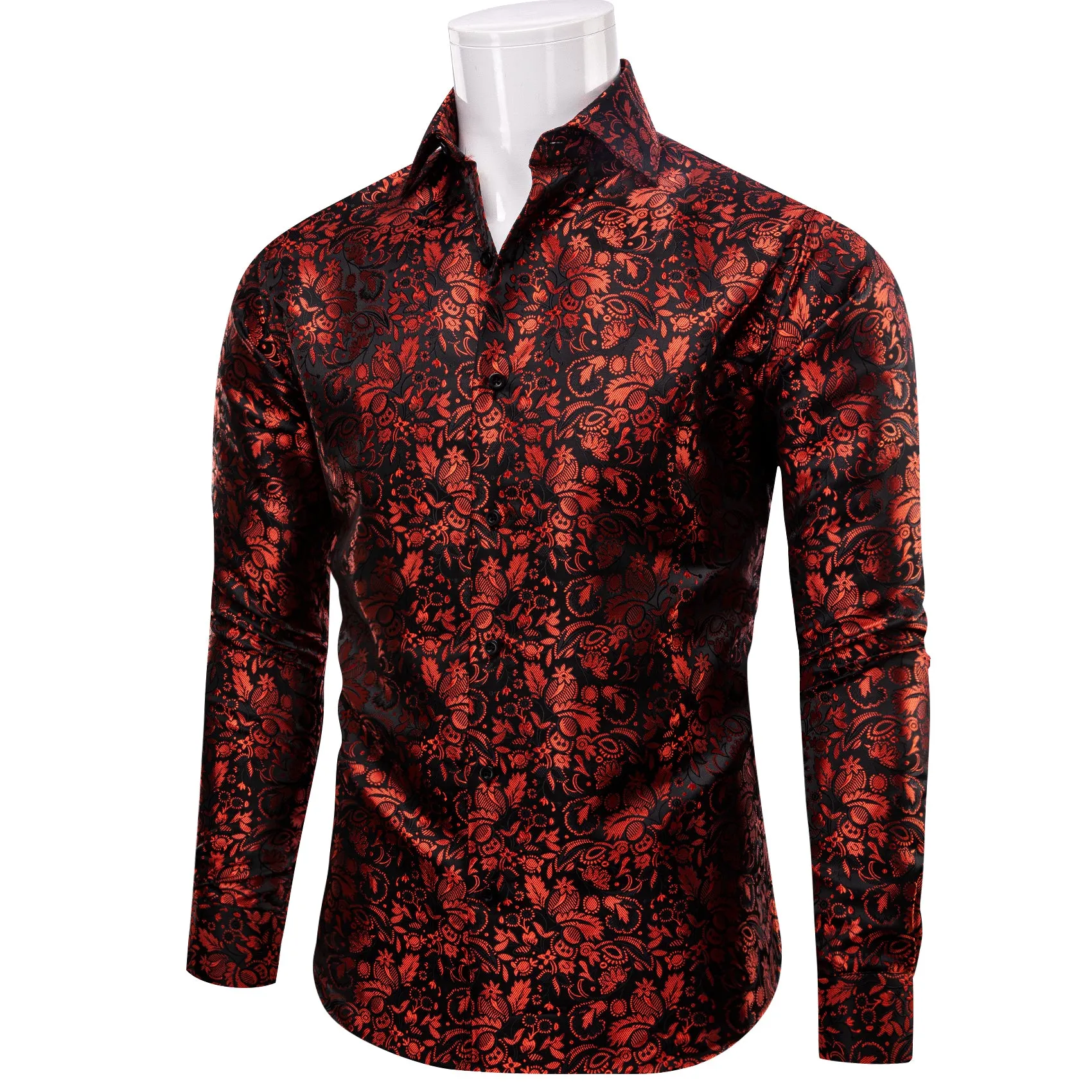 YourTies Red Shirt Black Floral Leaf Men's Long Sleeve Dress Shirt