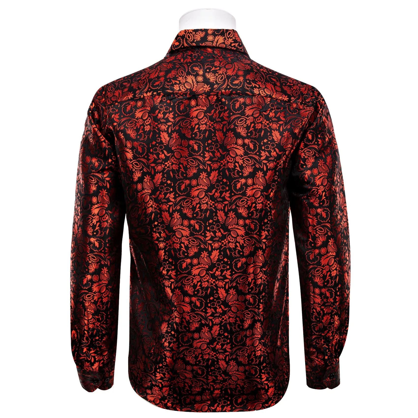 YourTies Red Shirt Black Floral Leaf Men's Long Sleeve Dress Shirt