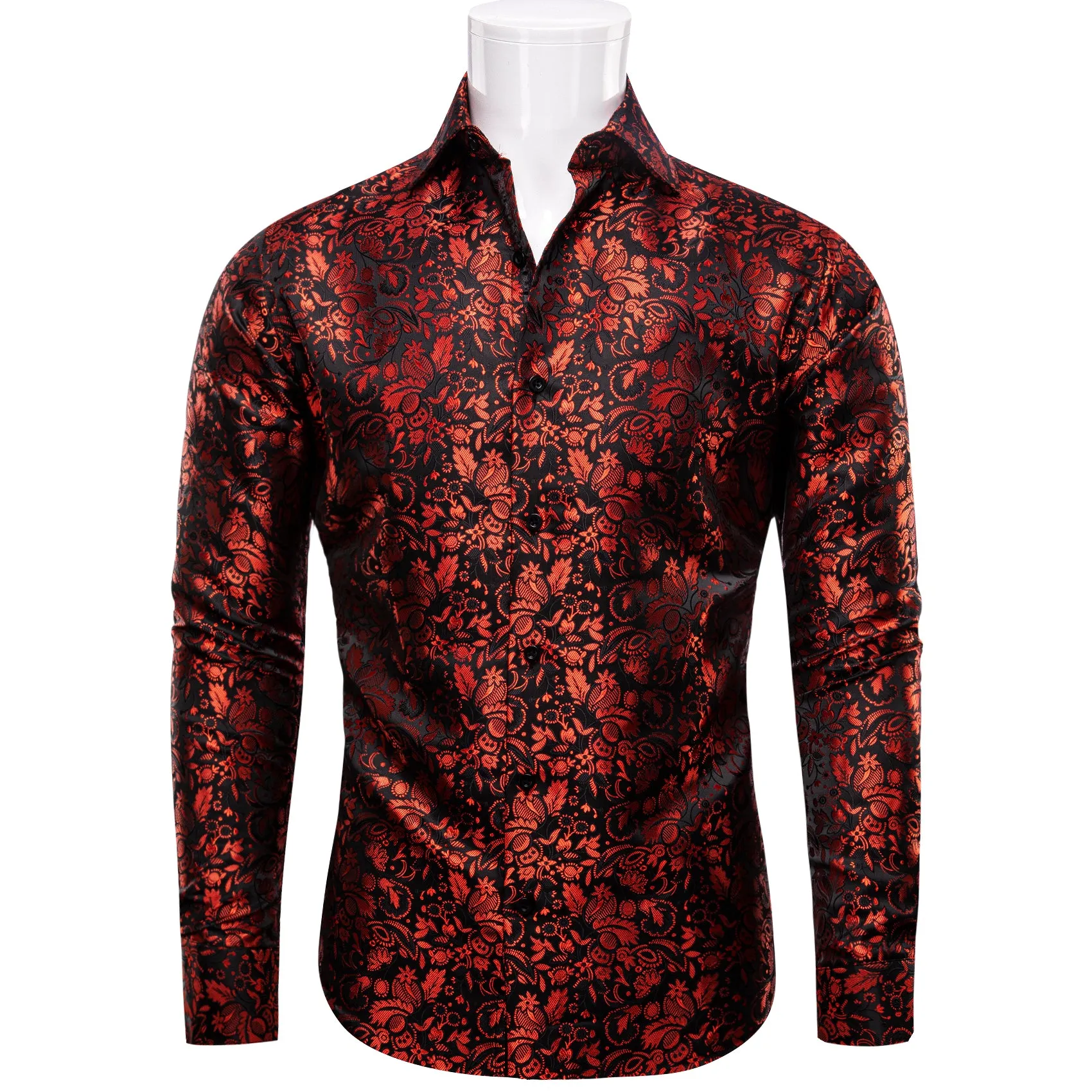 YourTies Red Shirt Black Floral Leaf Men's Long Sleeve Dress Shirt