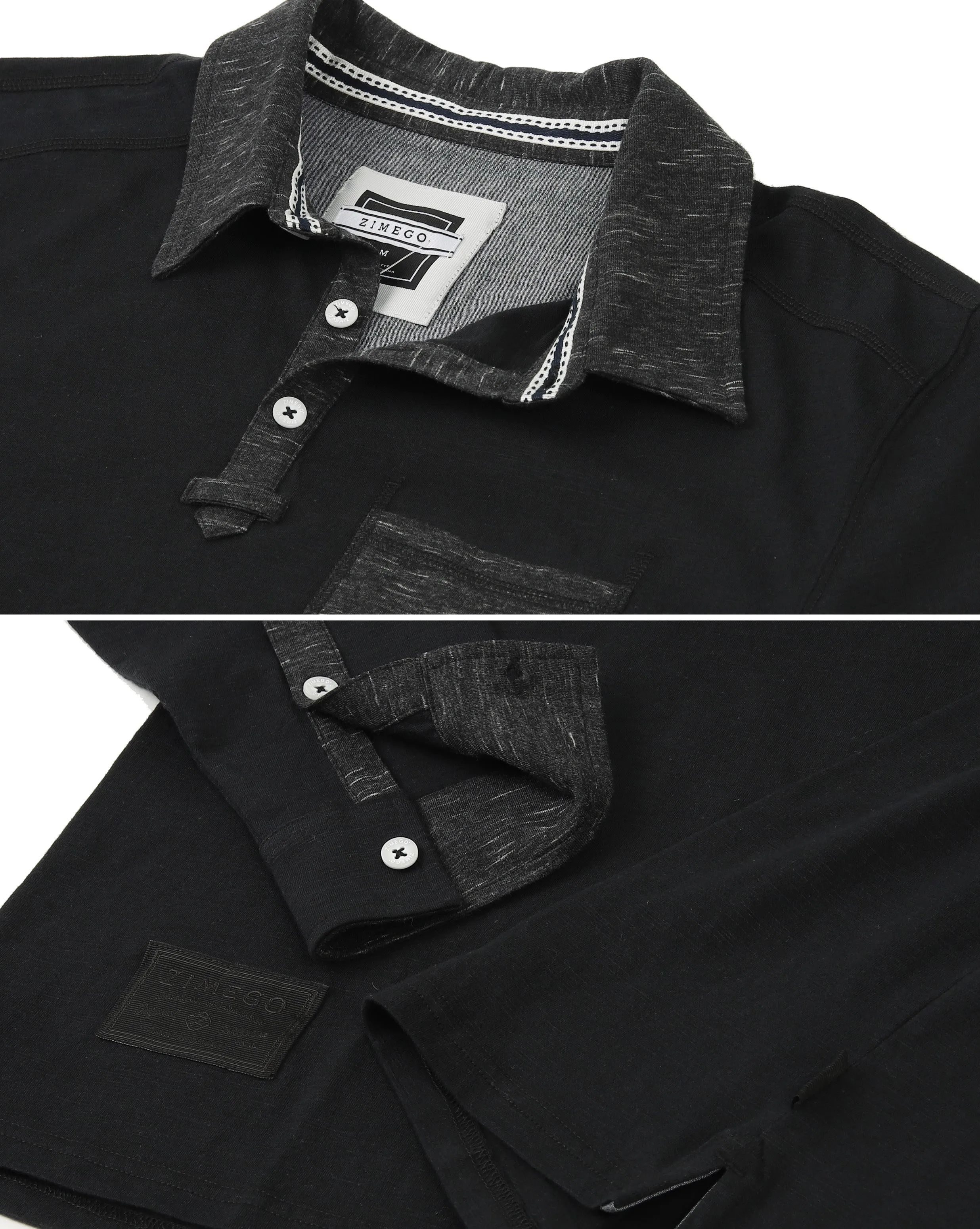 Zimego Men'S Casual Long Sleeve Color Contrast Placket Pocket Polo Shirt